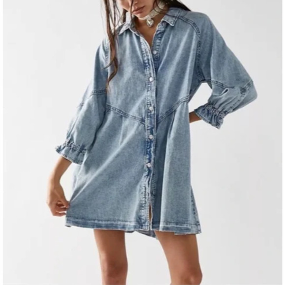 We The Free Free People Hannah Acid Washed Mini Denim Dress Size M, bohemian - Picture 1 of 10
